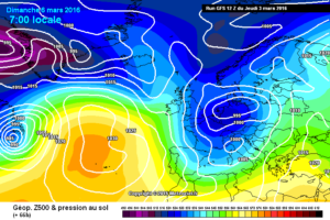 Modello previsionale GFS per Domenica 6 Marzo che vede una depressione nord-atlantica che porterà correnti da sud ovest e libeccio sull'Abruzzo